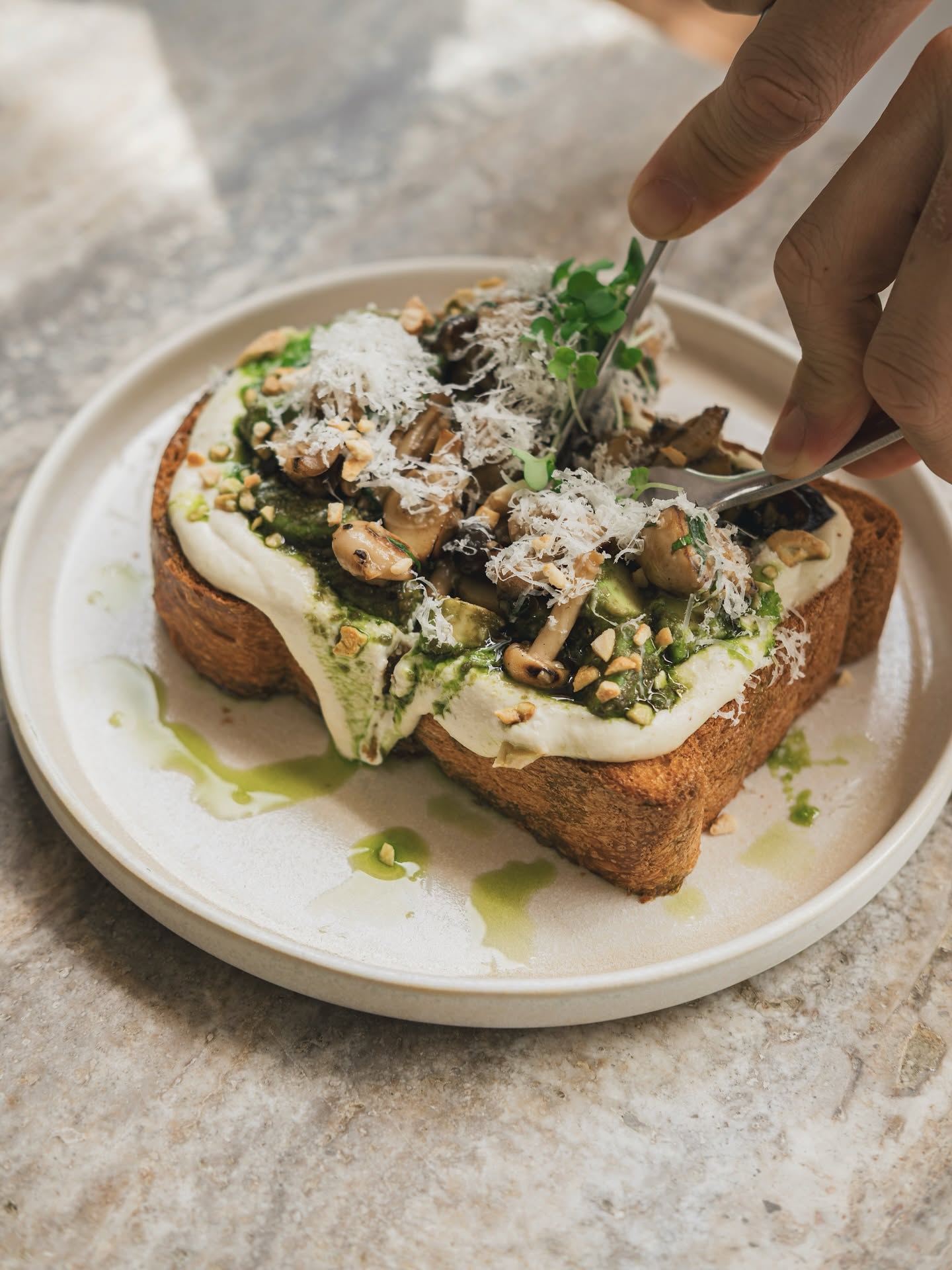 Mushroom and ricotta pesto toast, plated editorial-style on a ceramic dish